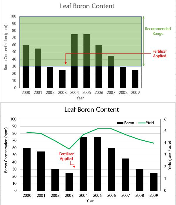 Figure 3. Leaf boron content as measured by tissue testing at pre-bloom over multiple years in an eastern Washington vineyard.