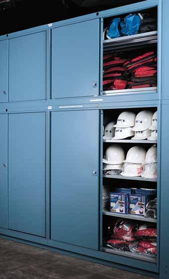 Sliding door shelf cabinets are often stacked on complementary sized drawer cabinets, so smaller drawer contents and bulky items can be stored and locked together.
