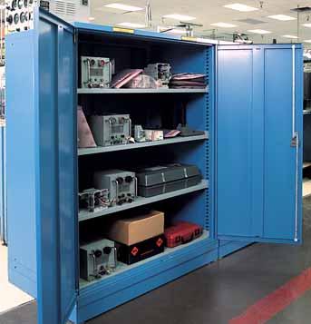 Lista sliding door shelf cabinets, housing large items such as motor oil, greasing and cleaning agents, sit atop drawer cabinets, which store small parts such as nuts, bolts and o-rings.