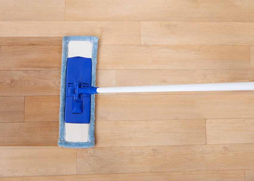 Use a neutral ph cleaner in mop water and ring out mop well so that mop does not drip.