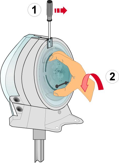 3 Opening the enclosure Open enclosure on the detectors side: 1. Lift plastic tab at the top carefully upwards with a small bladed srewdriver. 2.