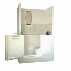 Shower Enclosure Walk-In Tub, Medium Color- White 15 Seat Height Industrial Strength Acrylic Water Fill Max Capacity: 45 Gallons Adjustable Leveling Feet: Yes Enclosed on Three Sides: Yes OPTIONS AIR