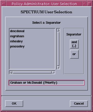 Creating and Editing Alarm Notification Policies A User Selection dialog box (Figure 18) opens. It lists authorized SPECTRUM users (user models created in the SpectroSERVERS that SANM monitors).