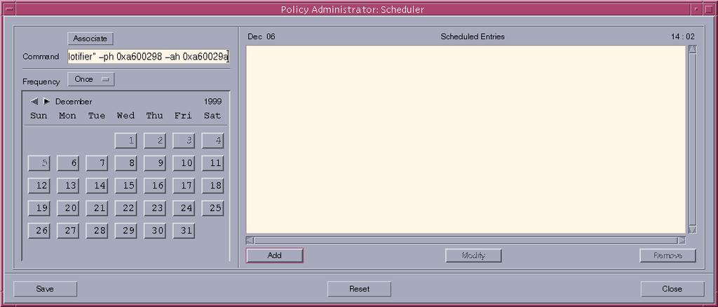 Scheduling Associations Editing Scheduled Association Commands Figure 31: Scheduled Entry in the Scheduler Window Mon Nov 22 1999 at 01:00 /usr/data/spectrum/5.