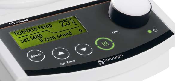 Speed setting from 30 to 1,400 rpm at an accuracy of ± 1 % and temperature setting up to 300 C Hotplate residual heat indicator in the digital display illuminates when unit is turned off and hotplate