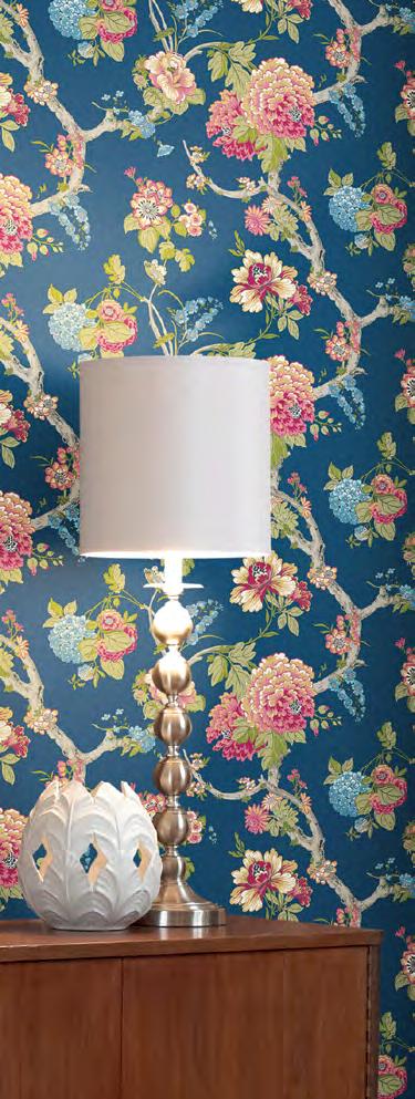The branches form a pattern punctuated with peonies, passion flowers, magnolias and rhododendron.