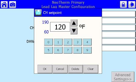 NeoTherm LC Boilers and Water Heaters Page 41 3. Press the Configure button to start a configuration session for the selected controller. See Fig. 39. Fig. 41 - Numeric Entry Screen Fig.