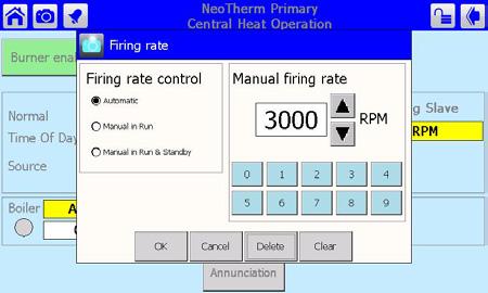 Page 74 LAARS Heating Systems 9. You can change the fan speed of the burner by adjusting the value entered for Firing Rate on the right side of the display.
