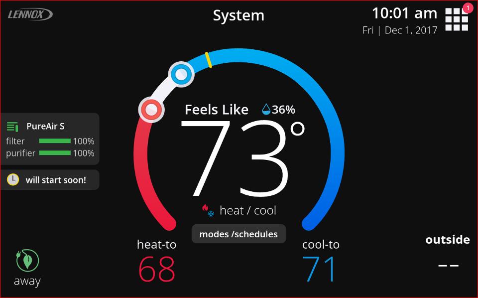 NOTE: If a double lines appear in this area, either the thermostat is not setup to use either an external temperature sensor or Accuweather, thermostat has lost connection to the Internet or Lennox