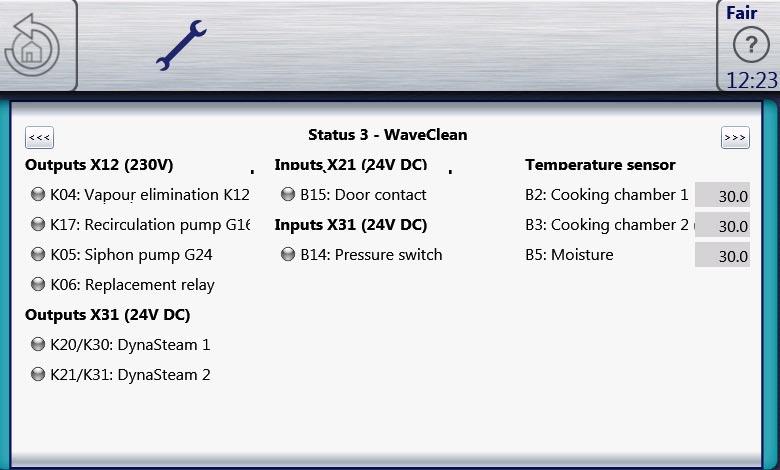 Service menu - appliance test Status 3 WaveClean K04 B15 B14 B3 Magnetic valve for water vapor elimination & siphon