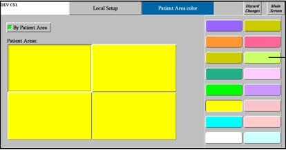 The Patient Area Color panel appears. Figure 2-10: Patient Area Color 2. Select the By Patient Area checkbox. 3. Under Patient Areas, a graphic representation of the screen format appears.