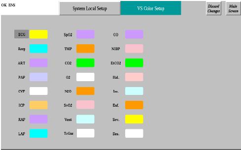 Using the Multi-Bed Screen 43BVital Sign (VS) Color Setup Use this panel to choose the desired color for the supported vital signs. Note: Choose the vital sign color before connecting beds.