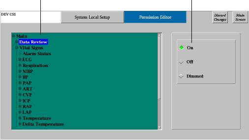 Using the Multi-Bed Screen 04BPermission Editor In the Permission Editor panel you can define which Envoy/VitaLogik/Menntor X7/ Ensemble functions can be accessed at this Central Station.