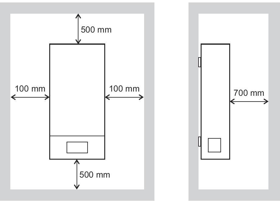 boiler may be installed on a combustible wall, subject to the requirements of the Local Authorities and Building Regulations. Following figure shows the recommended minimal distances.