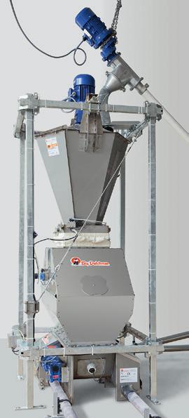 The finished mix drops into a hopper with funnel or, in a two-line circuit, into a hopper (tilting box) which supplies both circuits alternately with feed.