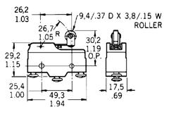 Double Throw, Double Break Straight lever BZ-2RQ181-A2 Top pin plunger Top pin plunger Dimensions in inches 1.825 REF 1.57 0.87 DIA HOLE IN TERMINALS (4) 0.53 0.13 0.50 0.20 0.24 0.
