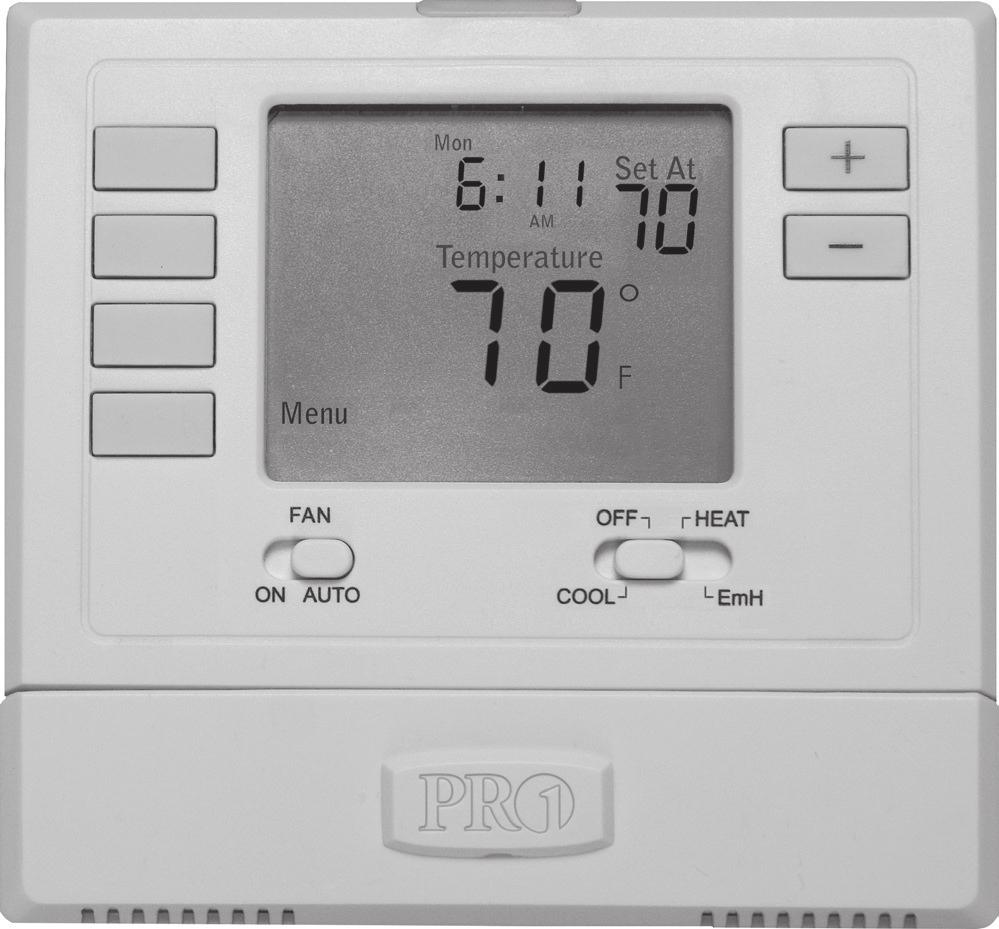 THERMOSTAT QUICK REFERENCE Button options LCD Days of the week and time Displays the user selectable setpoint temperature.