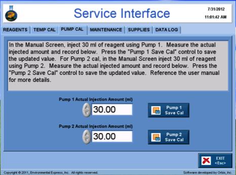 Environmental Express, Inc. 3.3 Pump Calibration Tab 3.3.1 To calibrate the pump, inject 30mL of deionized water, using the manual screen (see Section 5.1), into a pre-weighed digestion vessel.