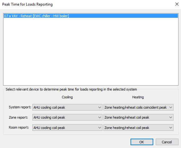 Figure 4-5: Peak Time for Loads Reporting dialog where user can select relevant peaking device to determine peak time for loads reporting If the results file has more than one HVAC system then these