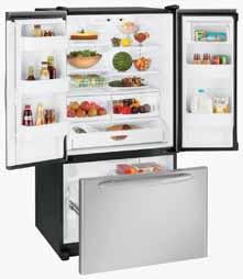 Combines the benefits of a side-by-side and a bottom-freezer refrigerator fresh food is at eye level, and twin refrigerator doors fit any kitchen design.