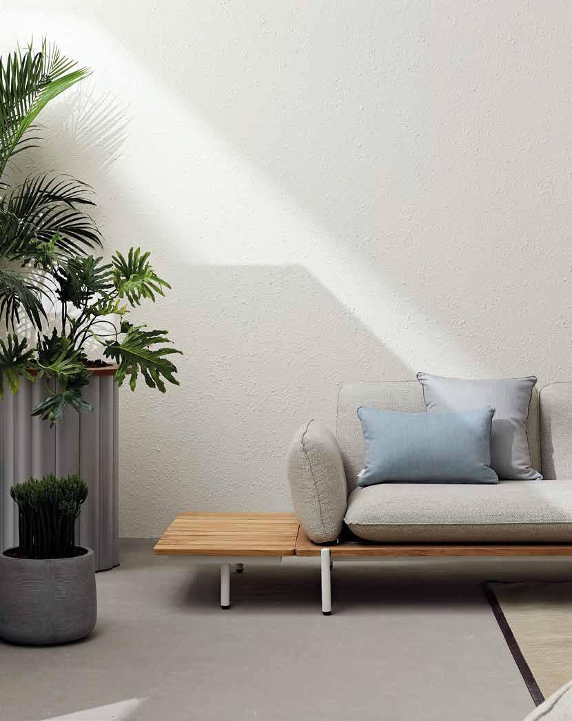 streamlined aesthetics. PILLOW (KC8804) sofa; cushion in Linen. LOTUS (KH8602) planter in Silver Grey.