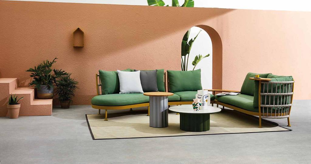 NEST (KC8602) sofa set in Curcumin/Sand; cushion in Leaf. LOTUS (KT8602) coffee table Juniper Green/ceramic top Ф80 34cm & side table in Silver Grey/teak top Ф48 54cm.