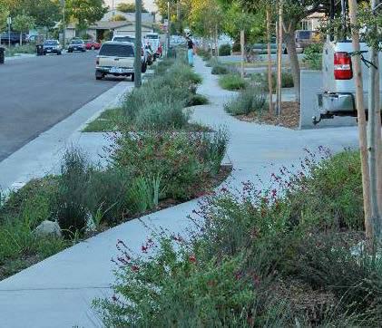 » Landscaping, including street trees, planters, and other forms of vegetation, should provide a physical barrier between automobile traffic and pedestrians, as displayed in Figure 3-15.