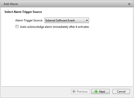 Set the trigger source for this alarm to be External Software Event.
