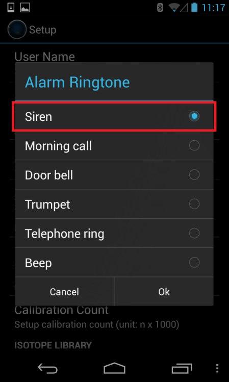 The Beep ringtone differs from the others in that the rate of the beeping increases when an increase in the count rate is detected. This can be a useful audio cue during a search operation.