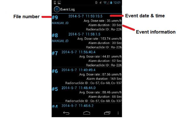 4.4.2 View the Event Log List When the SAMpack 120 alarms or you manually identify an isotope, PeakAbout automatically generates an Event Log and saves it on the smartphone.