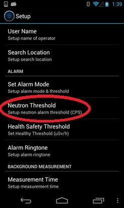 To set the neutron alarm threshold, open the Setup menu and select Neutron Threshold (Figure 4.36,