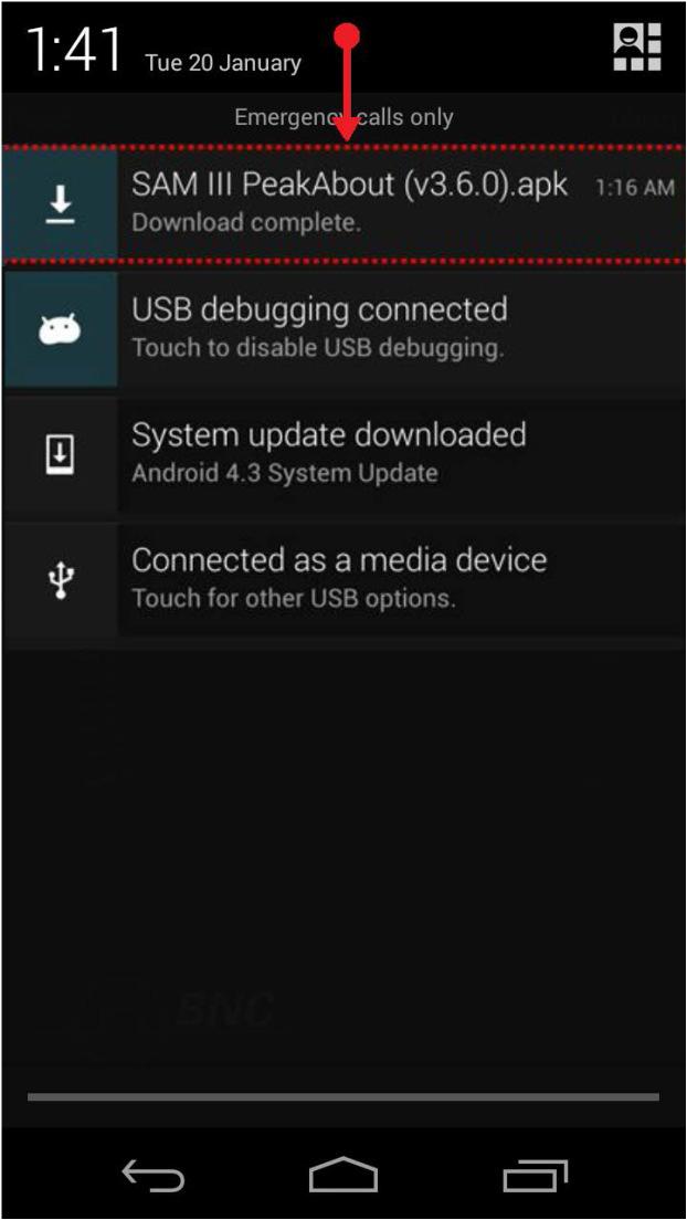 3. Open the status menu of the smartphone by touching and dragging the top menu bar (Figure 4.39). Figure 4.39. PeakAbout software upgrade, step 3 4.