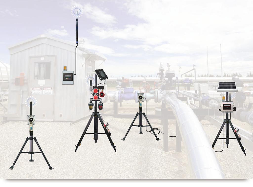 Designed for reliability in rugged environments, each system includes a tripod, network HMI, gas detection sensor(s), and alarm warning devices.