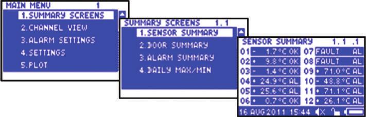 Confirm selection using the key to reveal the Alarm Summary Screen.