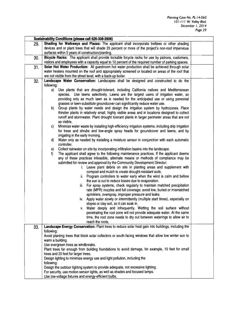 Planning Case No. PL-/4-060 10/-/// W. Valley Blvd. December /,2014 Page 29 Sustainability Conditions (please call 626-308-2806) 29.