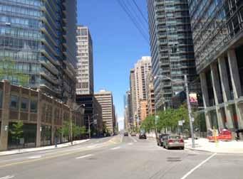 The wide 27m right-of-way, which runs parallel to the Yonge and University subway lines and the mixeduse structures have collectively made Bay Street Character Area suitable for high density and tall