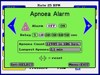Apnoea alarm Select USER PREFERENCES from the main menu. From the OPTIONS MENU, select APNOEA ALARM. An apnoea event is defined as a cessation of spontaneous breathing for a set time delay.