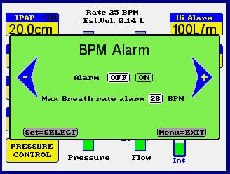 To activate the apnoea alarm, select ON and select the required time delay.