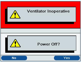 104 To turn the ventilator off from a Ventilator Inoperative condition, use the normal power off sequence. When the Start/Stop button is selected, the following screen will display.