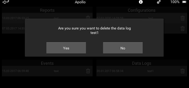 Apollo Test Set - User Manual 39 To delete the report: Tap the dustbin icon. A splash screen appears asking you to confirm the deletion.