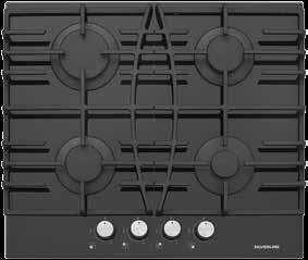 Hob White Glass built-in hob Cast iron pan supports and burner caps Underknob auto-ignition Front control 1 x Rapid burner : 3000W 2 x