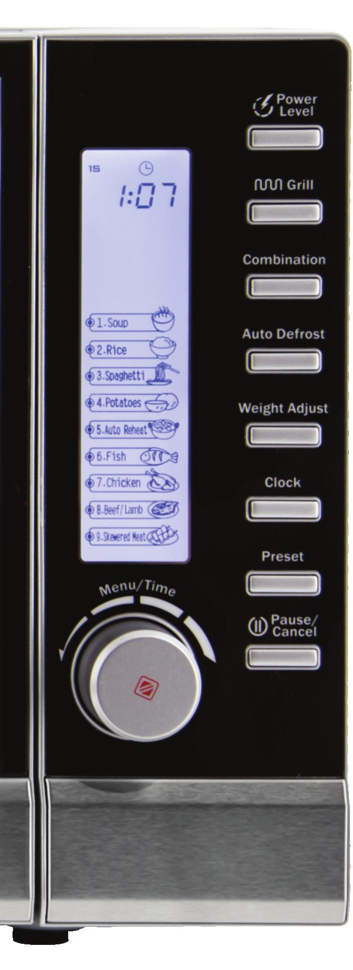 Product Overview (Cont.) Control panel Menu Action Screen: Cooking time, power level, action indicators and clock time are displayed.