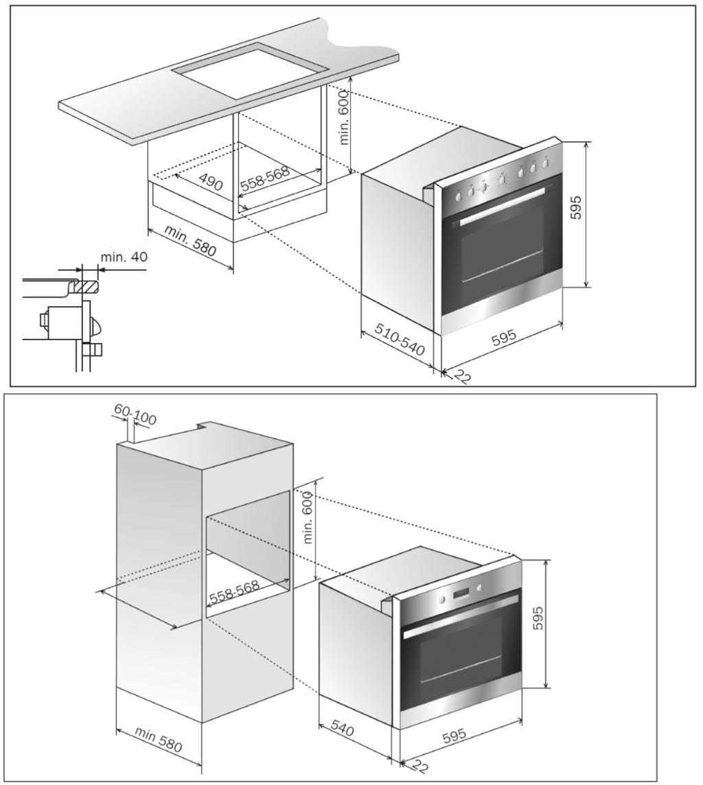 Installation dimensions Push oven completely into the cabinet and centre it.