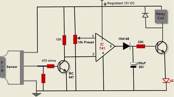 Figure 2: Circuit Diagram for Motion Detection Using PIR Sensor As a comparator, the IC741 is set up which consists of 8 pins.