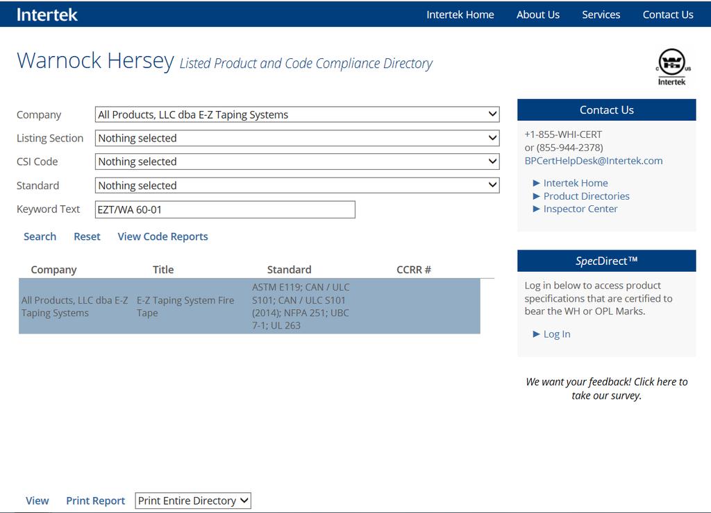 The following Intertek webpage titled Warnock Hersey Listed Product and Code Compliance Directory appears. Then click the word View in blue text.
