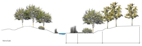 d. Three vegetative zones should be established within the riparian buffer area (See Figure 1, below) and defined on the plan: i. The inner zone should be managed for control of invasive species.