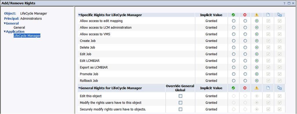 Managing Rights to LifeCycle Manager Application rights can be used to