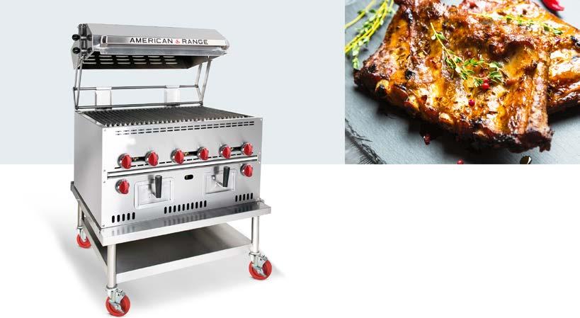 PROFESSIONAL WOOD CHIP SMOKE BROILERS Model ARWCS-36 Shown with optional stainless steel spring loaded lift-up hood, stand and casters.