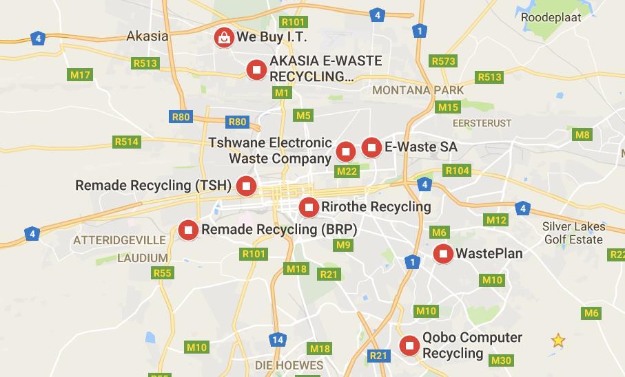 Figure 2 Google Maps search for e-waste disposal (https://www.google.co.za/maps/search/e-waste+disposal+pretoria/@- 25.7264298,28.