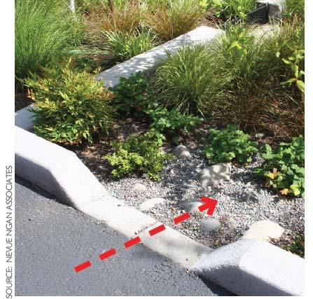 Curb cut can have vertical sides or have chamfered sides at 45 degrees (as shown). Works well with relatively shallow stormwater facilities that do not have steep side slope conditions.